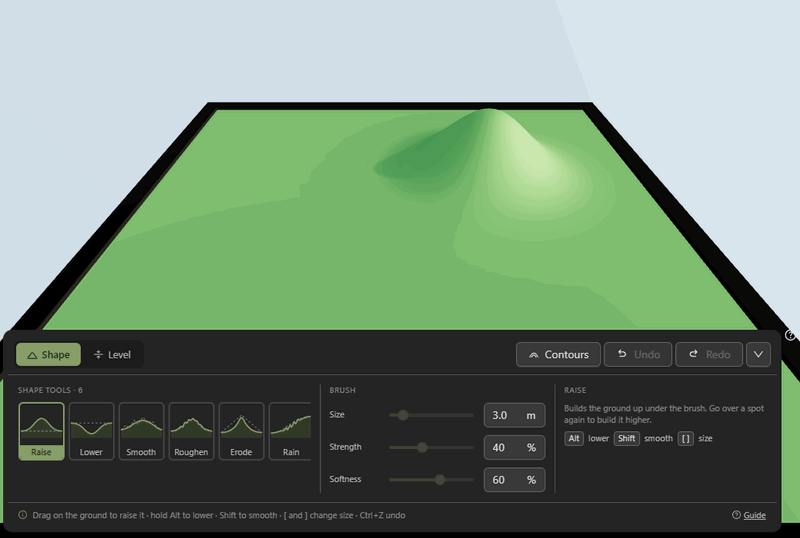 Moving the sculpt brush circle over the ground and a hill, dragging the Size slider to make it bigger, then pressing [ to make it smaller