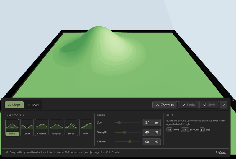 Flattening the side of a hill into a level platform, then setting a height and levelling a second patch to it