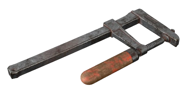 picture of a 3d models of a old style wooden and metal clamp