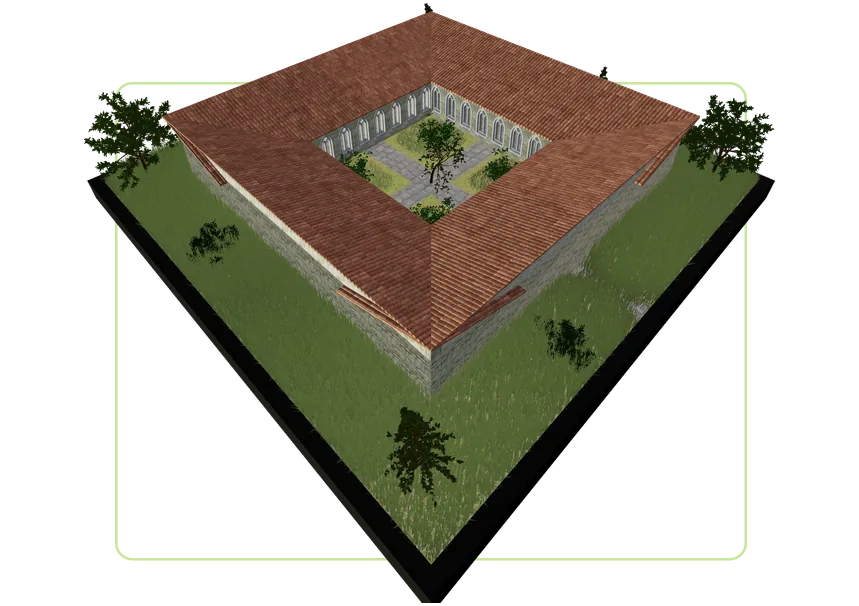 a 3d board with a stone monastery cloister: tiled roofs round a courtyard garden of lawns, cobbled paths and a young oak, seen through pointed arched windows