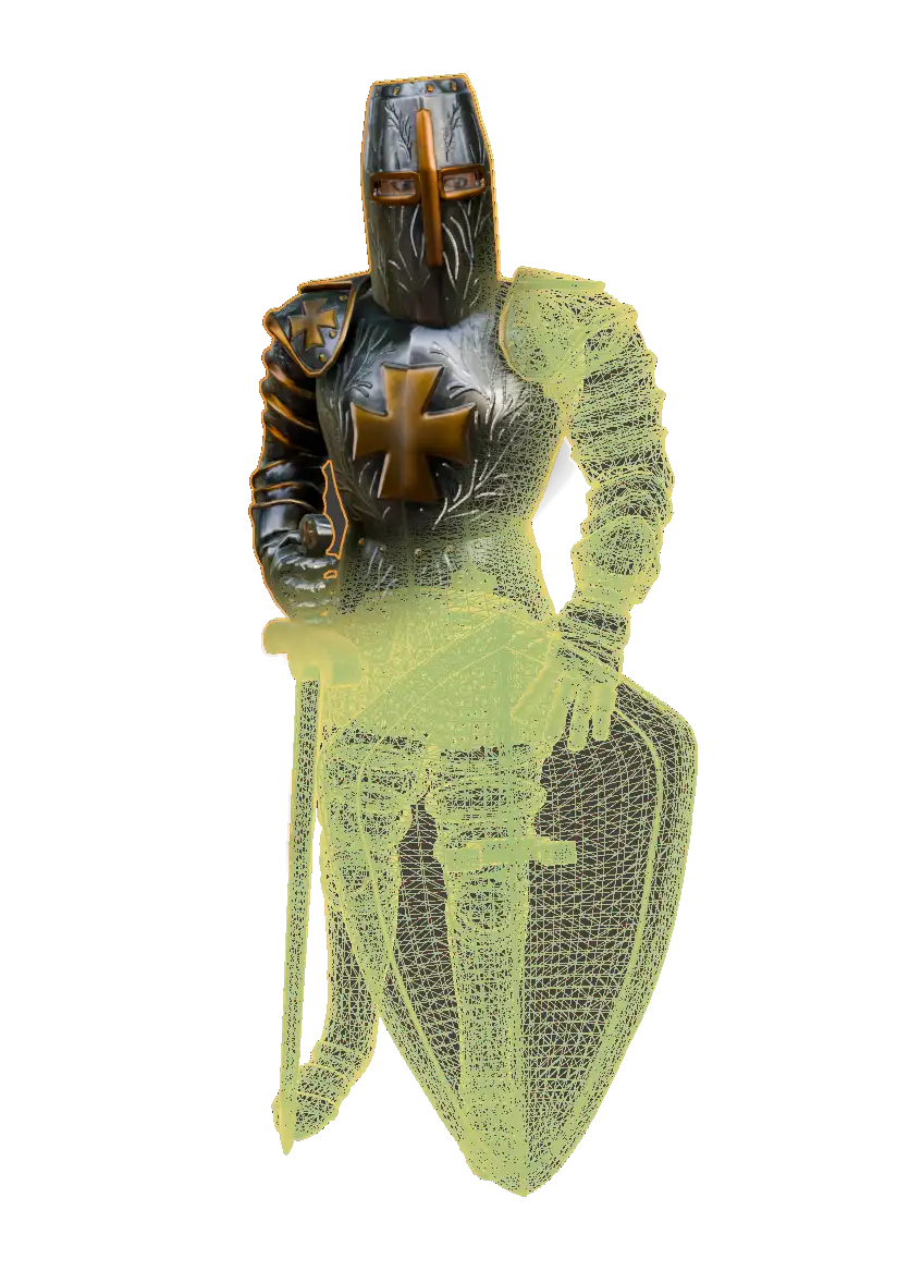 a 3d rendering of a silver knight figure, half with metal texture and half with an orange gridded wireframe