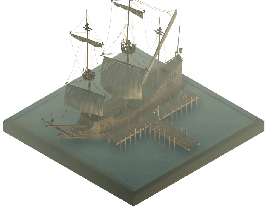 a tall sailing ship moored at a wooden pier in the rain