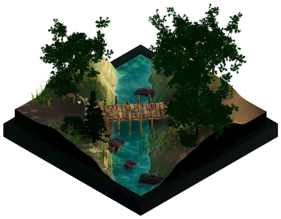 a river flowing under an old wooden bridge between leafy trees, a lantern at its far end