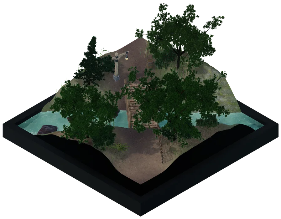 a wooded hill with a lantern post, ringed by a stream
