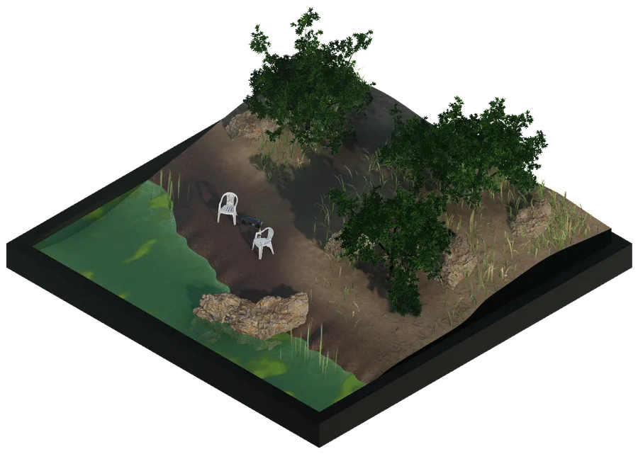 two chairs on a riverbank beside a pond, shaded by trees