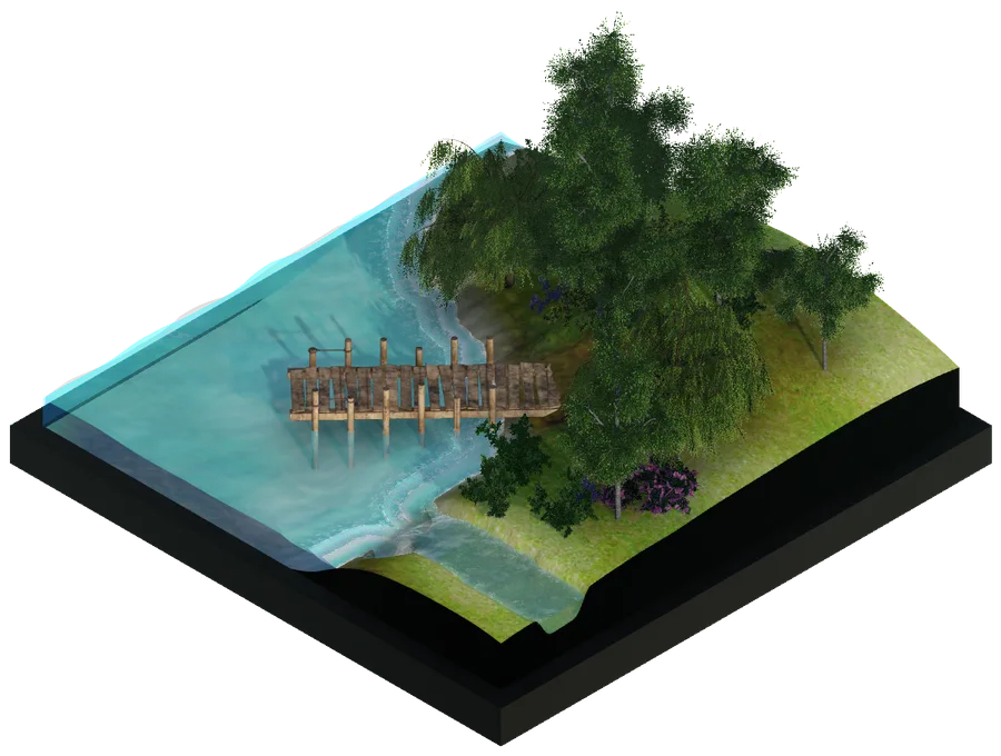 a wooden jetty on a lake shore under a large tree