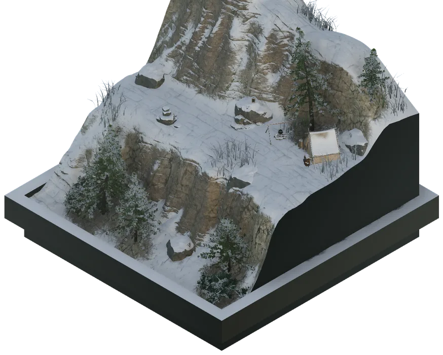 a snowy mountain slope with pine trees and a small hut