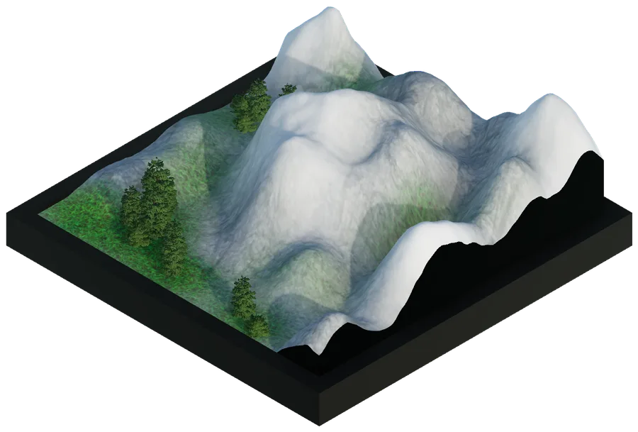snow-capped mountains rising from green grassland with pine trees
