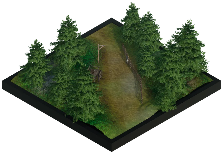 a forest path between pine trees, past a gallows