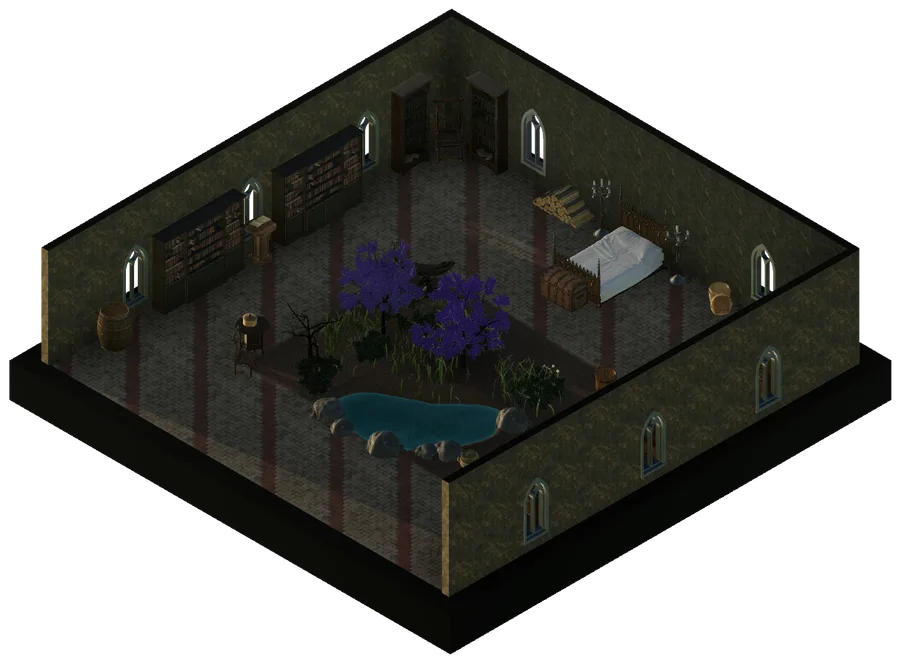 a stone-walled wizard's chamber with bookshelves, purple trees and a pool